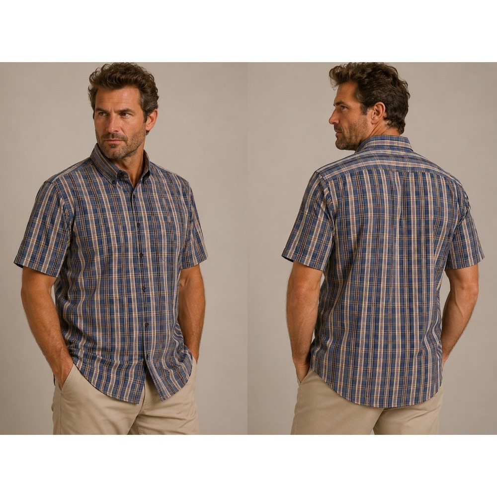 Roundtree & Yorke Men's Large Blue Plaid Short Sleeve Button Front‎ Shirt